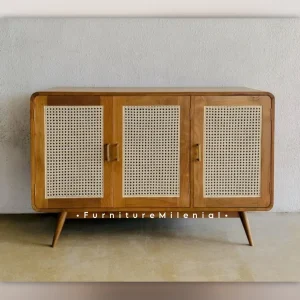 bufet 3 pintu rotan kayu jati minimalis